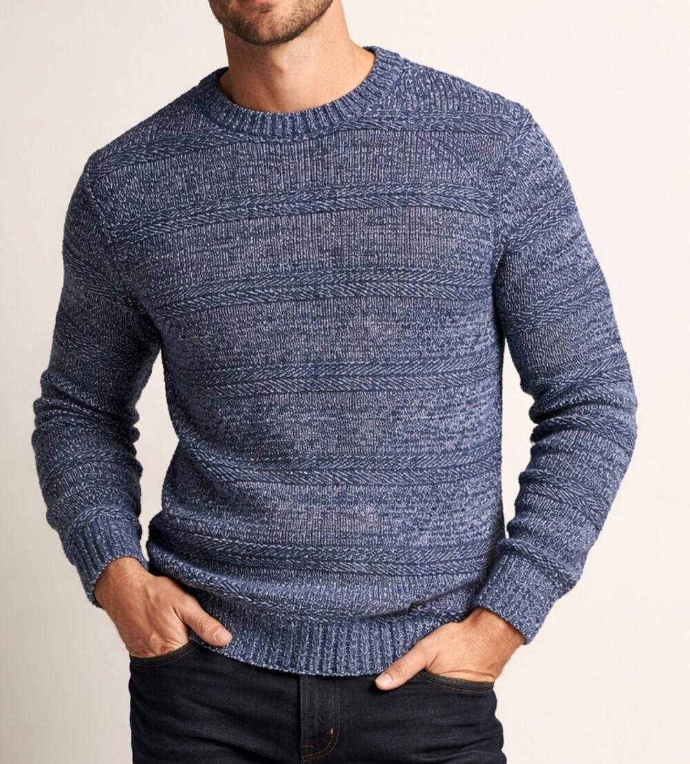 Buffalo David Bitton Mens Sweater Large Blue Crewneck Cable Knit Worock Cotton